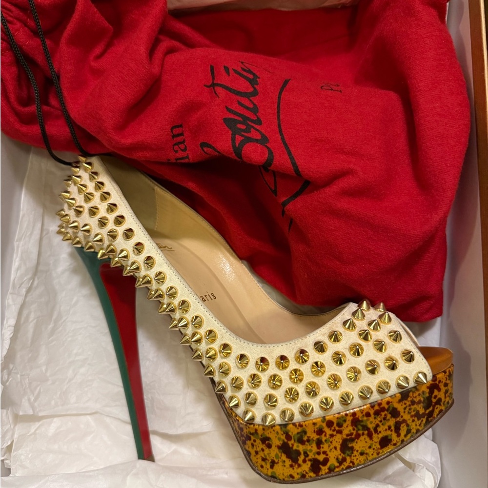 Christian Louboutin White and Gold Stiletto Heels